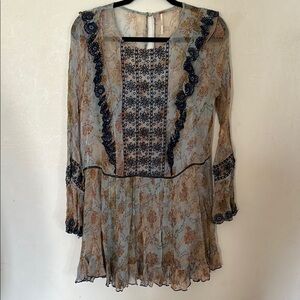 Free People Tan Ruffled Pleated Mini Dress